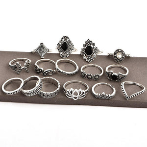 Anniversary Bohemian Retro Crystal Silver 15Pcs Ring set - MomProStore 