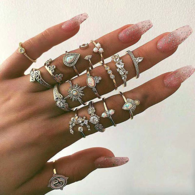 Tocona Boho 17pcs/sets Luxury Clear Crystal Stone Wedding Ring