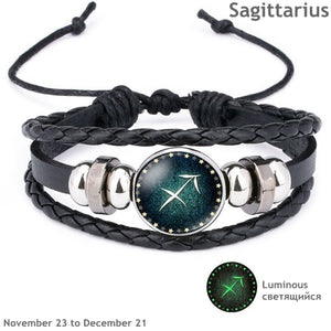 Luminous Leather Men's & Women's Bracelet 12 Constellation Charm - MomProStore 