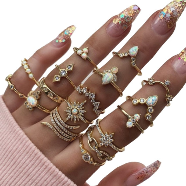 Tocona Boho 17pcs/sets Luxury Clear Crystal Stone Wedding Ring