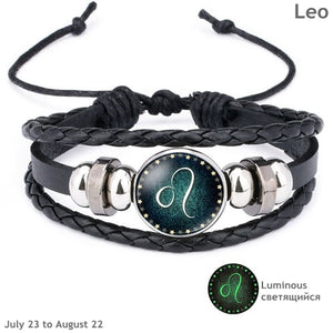 Luminous Leather Men's & Women's Bracelet 12 Constellation Charm - MomProStore 