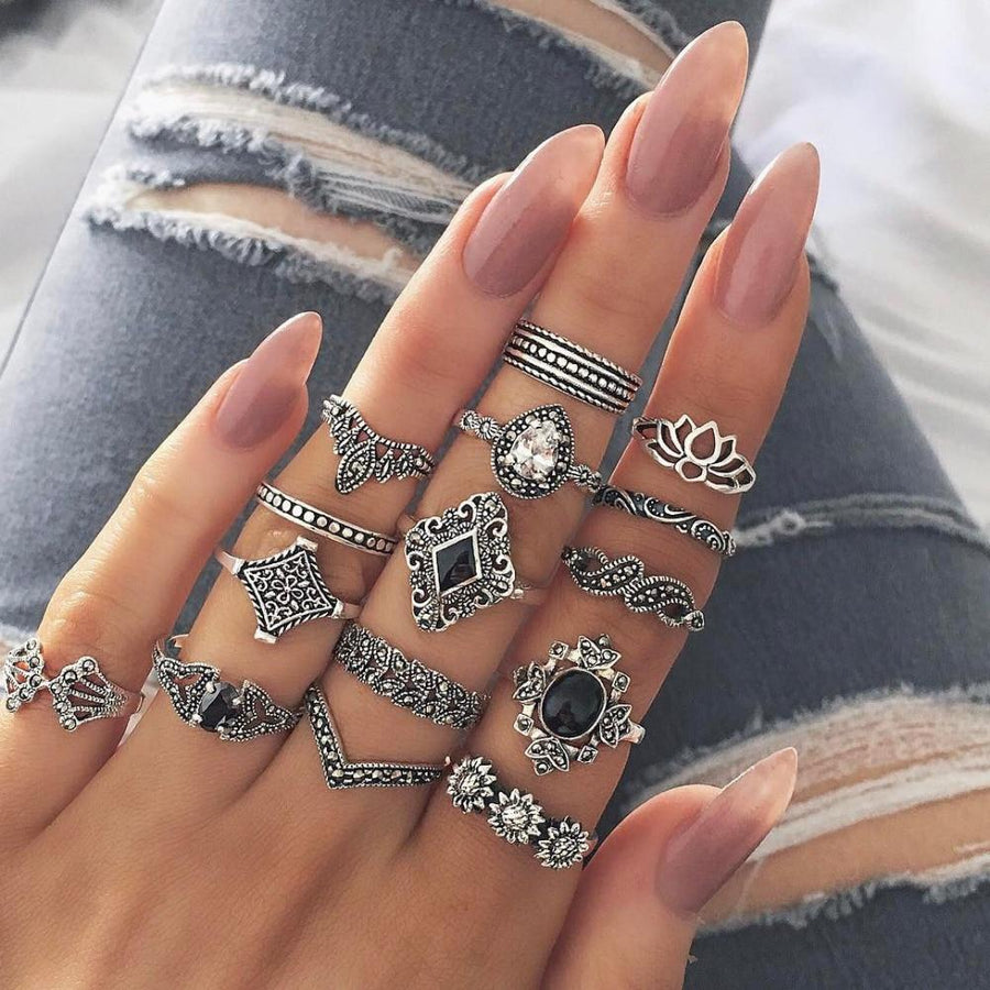 Anniversary Bohemian Retro Crystal Silver 15Pcs Ring set