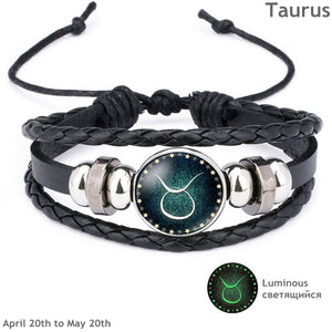 Luminous Leather Men's & Women's Bracelet 12 Constellation Charm - MomProStore 