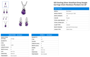 925 Sterling Silver Amethyst Drop Dangle Earrings Chain Necklace Pendant Set 20"