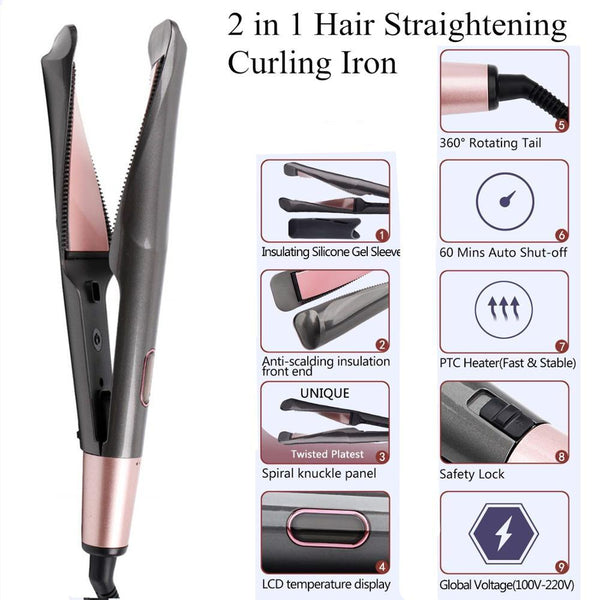 Hair Straightener Flat Iron Professional 2 in 1 Twist Hair Curling & Straightening Electric Hair Curler - MomProStore 