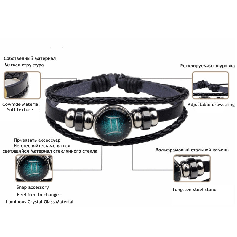 Luminous Leather Men's & Women's Bracelet 12 Constellation Charm - MomProStore 