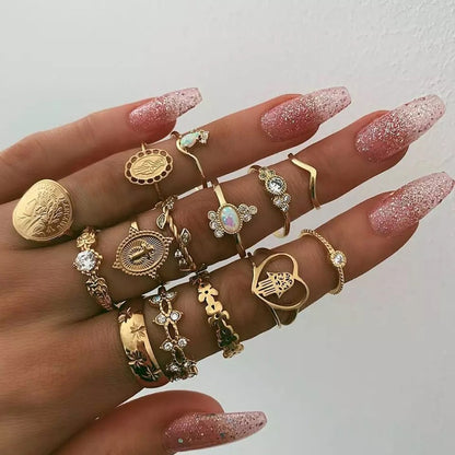 Tocona 15 Pcs/set Boho Virgin Mary Gold Rings