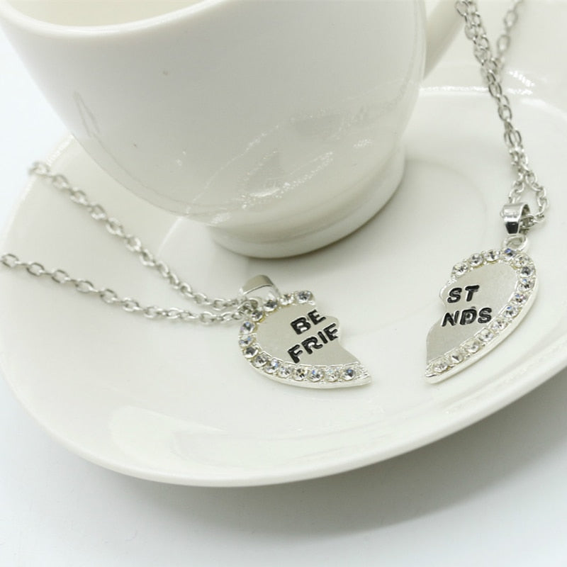 2 Pcs Best  Friend Necklace Crystal Heart Pendant
