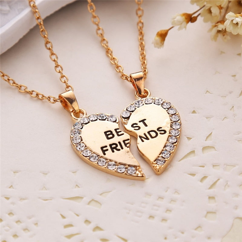 2 Pcs Best  Friend Necklace Crystal Heart Pendant