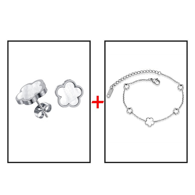 Stylish Stainless Steel Flower Stud Earrings - Set of 2, in Trendy White Shell Design!