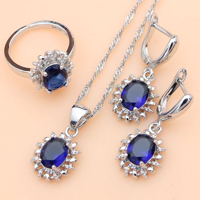 Silver 925 Jewelry Sets for Women Natural Blue Sapphire Stone