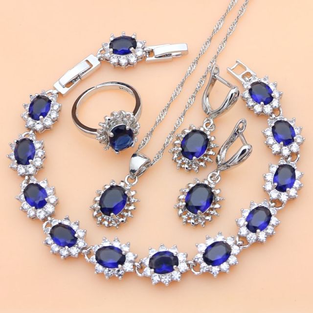 Silver 925 Jewelry Sets for Women Natural Blue Sapphire Stone
