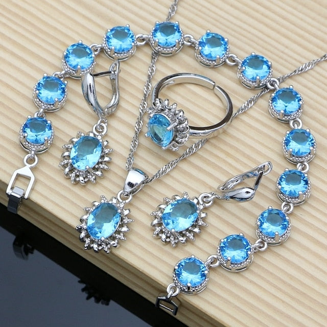 Silver 925 Jewelry Sets for Women Natural Blue Sapphire Stone