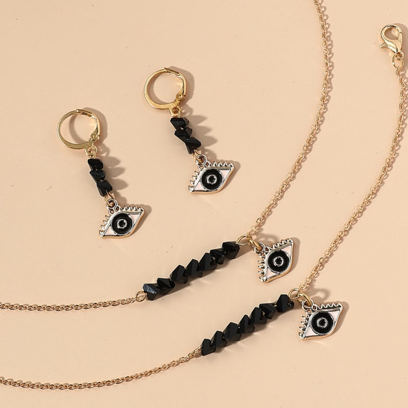 22K Plated 4 Pieces Demon Eye Crystal Jewelry Set Necklace Earrings Bracelet