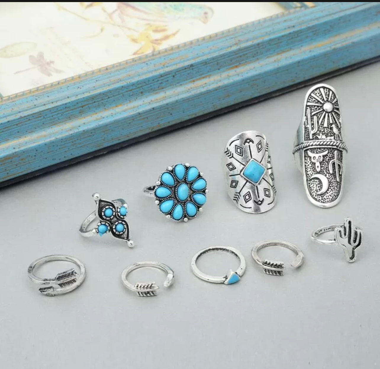 9-Piece Ring Set, Turquoise, Cactus, Bohemian Boho Hippie Style Beach Jewelry