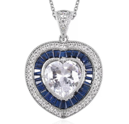 Heart Pendant Necklace White Blue Cubic Zirconia