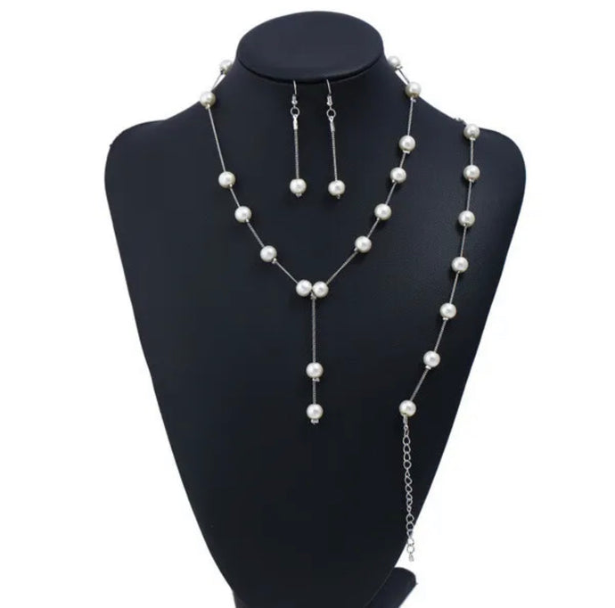 Elegant Pearl Necklace Earrings Bracelet Set