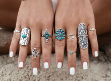 Load image into Gallery viewer, 9-Piece Ring Set, Turquoise, Cactus, Bohemian Boho Hippie Style Beach Jewelry