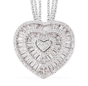 White Cubic Zirconia CZ Triple Strand Valentine Heart Chain Pendant Necklace 20"