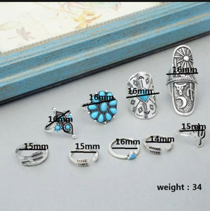 9-Piece Ring Set, Turquoise, Cactus, Bohemian Boho Hippie Style Beach Jewelry