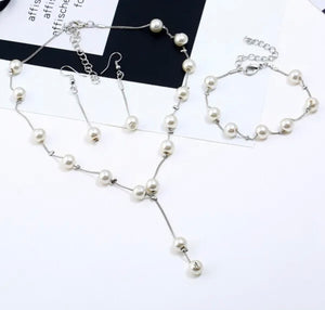 Elegant Pearl Necklace Earrings Bracelet Set