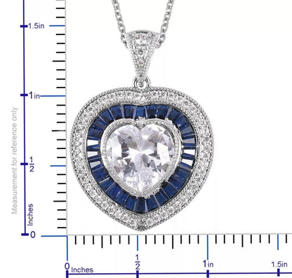 Heart Pendant Necklace White Blue Cubic Zirconia
