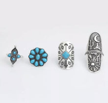 Load image into Gallery viewer, 9-Piece Ring Set, Turquoise, Cactus, Bohemian Boho Hippie Style Beach Jewelry