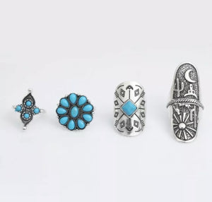 9-Piece Ring Set, Turquoise, Cactus, Bohemian Boho Hippie Style Beach Jewelry