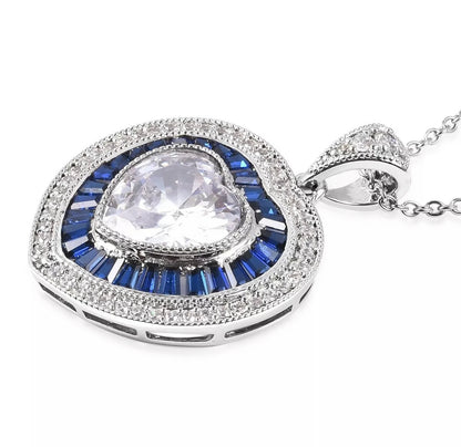 Heart Pendant Necklace White Blue Cubic Zirconia