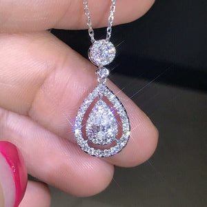 White Sapphire Shine Silver Necklace WaterDrop Pendant Wedding Jewelry