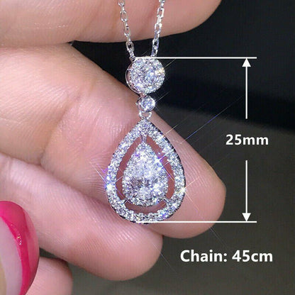 White Sapphire Shine Silver Necklace WaterDrop Pendant Wedding Jewelry