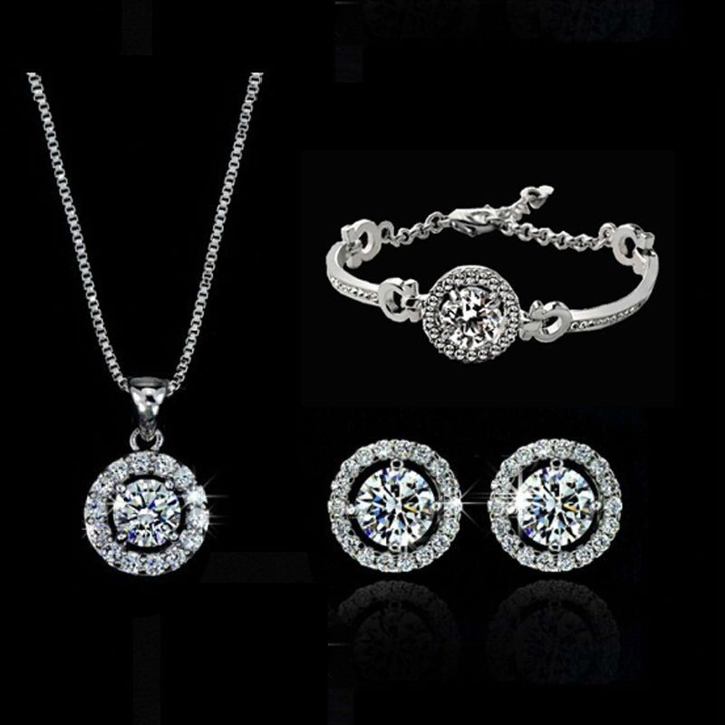 NEW 18k White Gold Plated Crystal Earrings Necklace Bracelet Jewelry Set