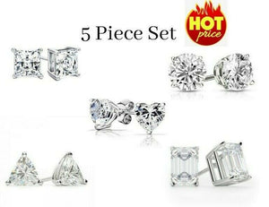 925 Sterling Silver CZ Stud Earrings Cubic Zirconia Women 5PC Earrings Set