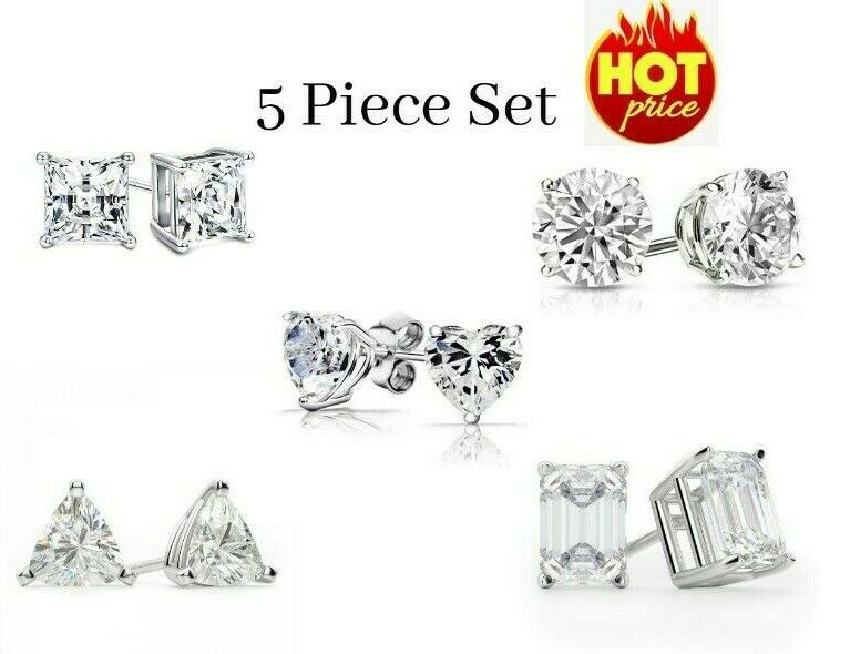 925 Sterling Silver CZ Stud Earrings Cubic Zirconia Women 5PC Earrings Set