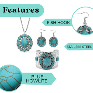 Howlite Jewelry 3Pcs Set Bracelet Earrings Necklace Gifts Stainless Steel 7.5" Ct 71