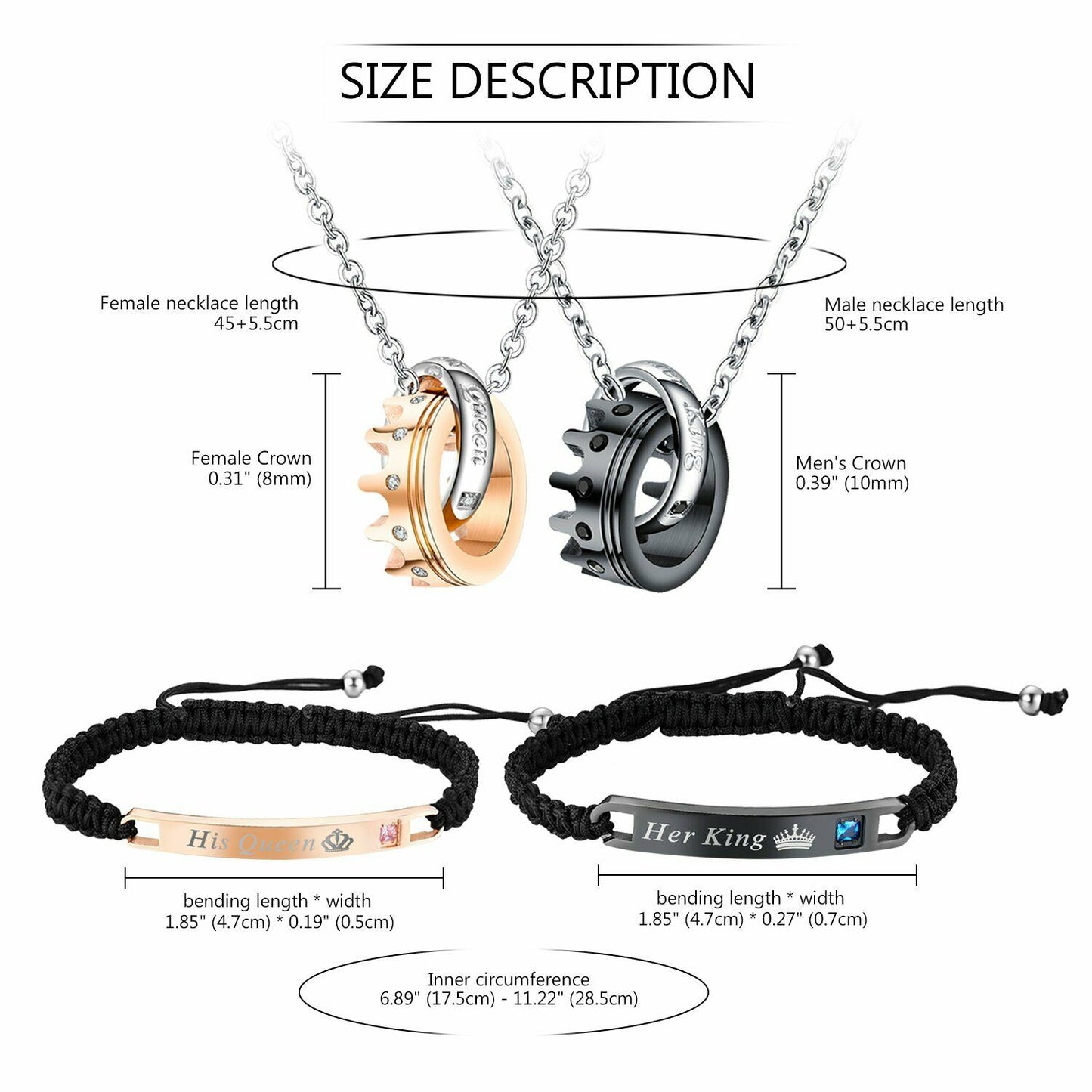 4pcs Couples Jewelry Set Queen and King Bracelet & Necklace