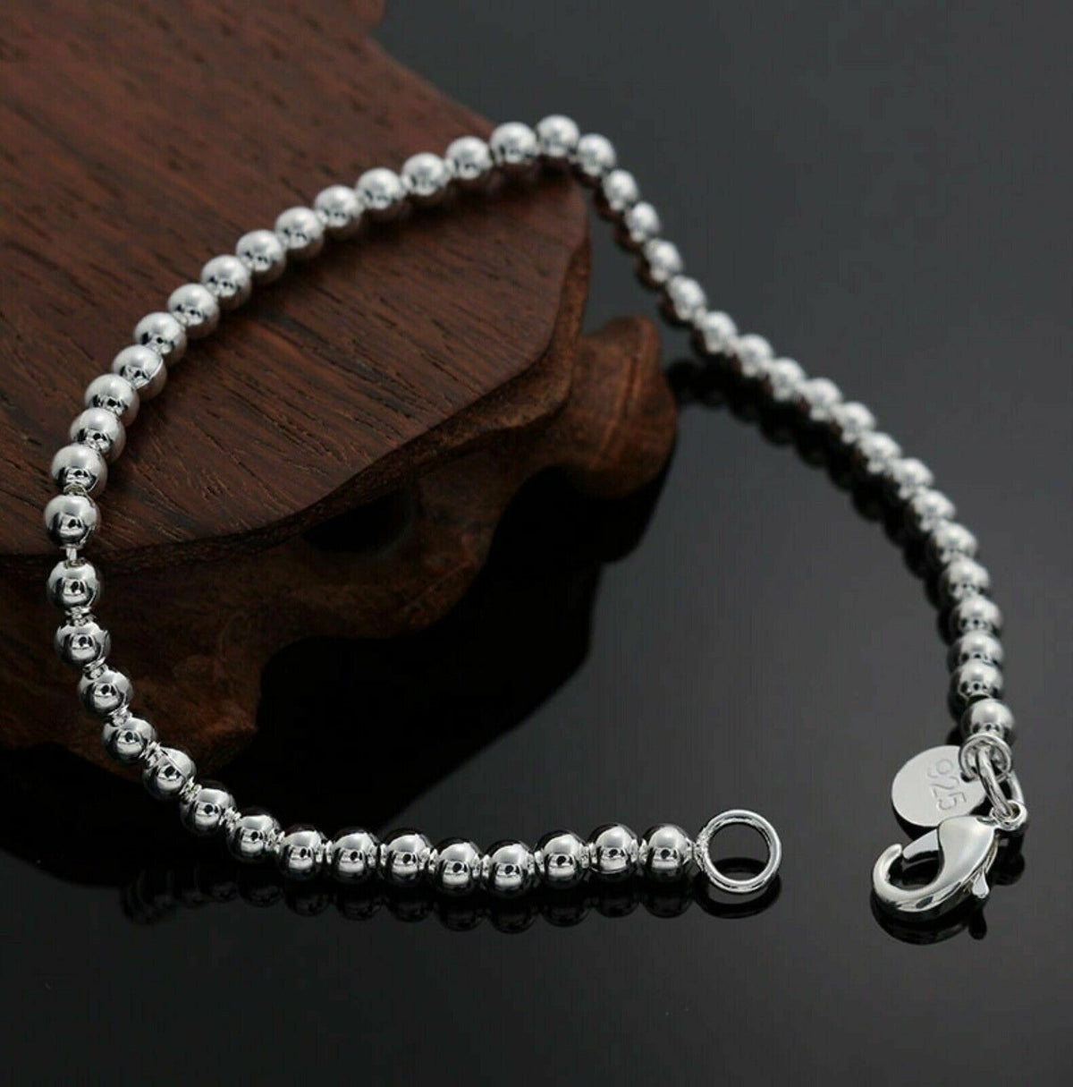 Womens Sterling Silver Love Cuff Bead Ball Open Bangle Charm Bracelet